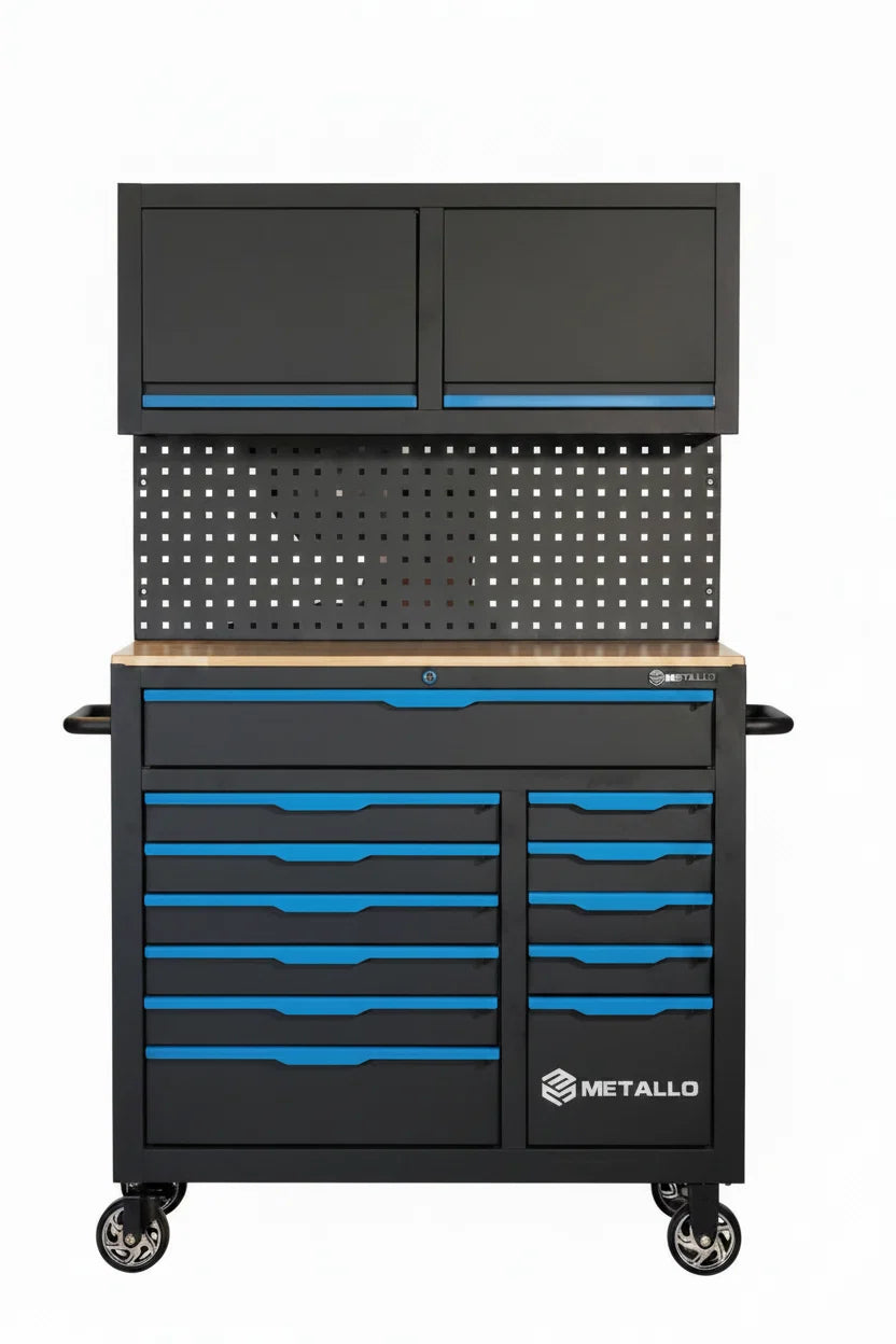 Metallo XXL – Tool trolley with tools, 12 drawers, top cabinet, EVA