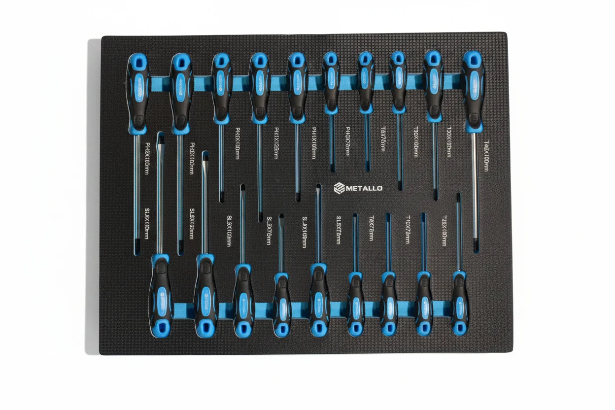 Metallo XXL – Tool trolley with tools, 12 drawers, top cabinet, EVA